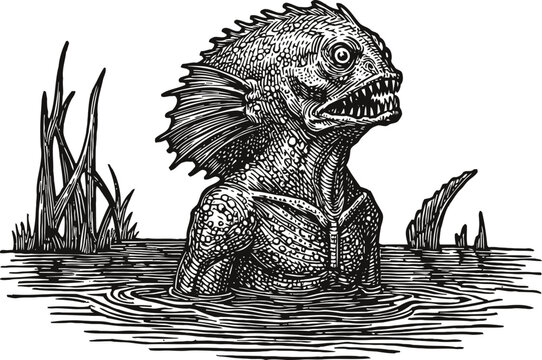 creature emerging from water detailed fantasy monster with scales, fins, and sharp teeth in swamp environment