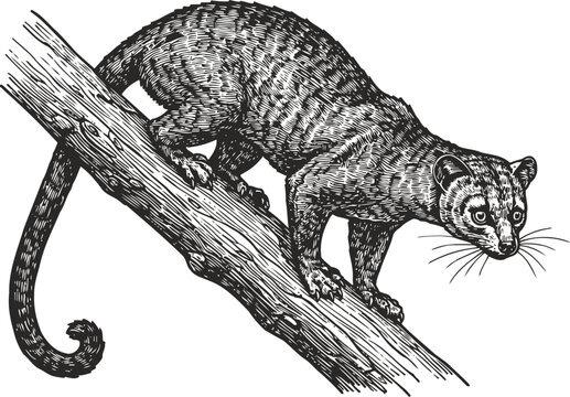 illustration of a cuscus climbing a tree branch, detailed black and white wildlife drawing