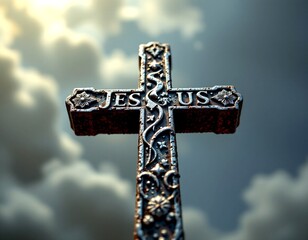 A large crucifix with the word "Jesus" inscribed above the cross