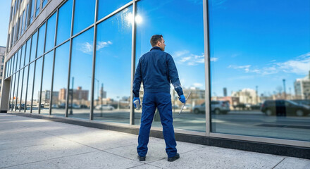 Fototapeta premium Professional Window Cleaner Ready to Clean Modern Office Building Glass