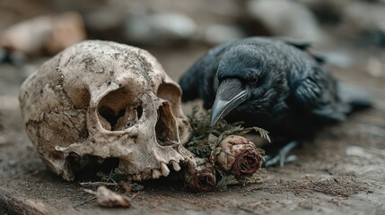 Naklejka premium A haunting still life composition featuring a weathered skull, a raven, and dried roses, evoking themes of mortality, decay, and beauty in darkness.