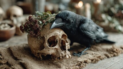 Fototapeta premium A striking raven perched on a skull, adorned with foliage, illustrating the juxtaposition of life and death in a mystical and artistic setting.