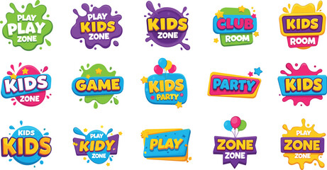 Colorful kids zone and play badge logo set with party, game, and club labels isolated on white background for children entertainment and event branding design © mdanichur