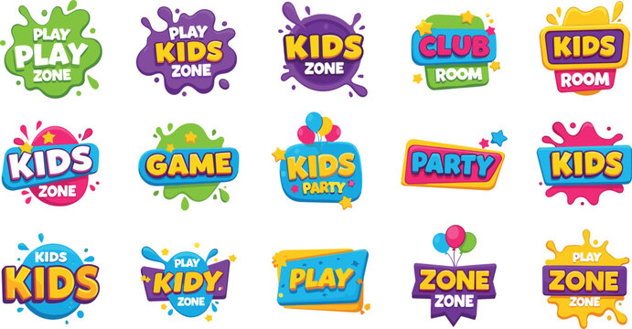Colorful kids zone and play badge logo set with party, game, and club labels isolated on white background for children entertainment and event branding design