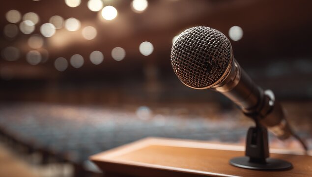 A close-up view of a microphone angled on a wooden podium, with blurred audience seating