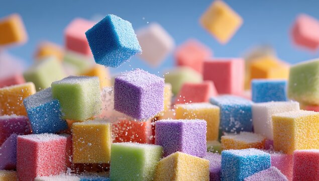 Colorful, sugary, square candies in a heap, some falling, with a light-blue background