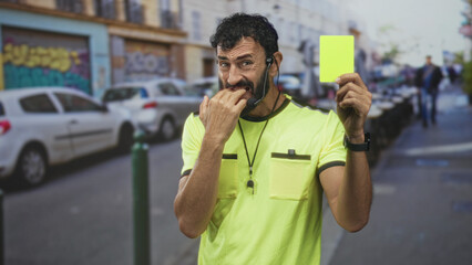Man referee middle age hispanic with beard bites nails with hand while holding yellow card and whistle headset on busy city street; anxiety hesitation.