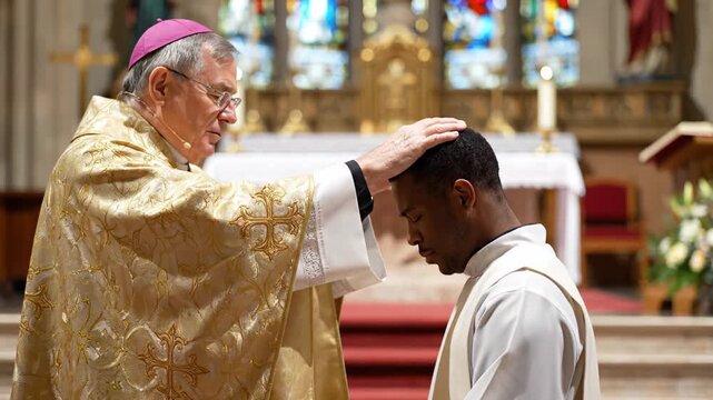 Clergy member in ornate vestments performs a blessing on a young man in white robe during a religious ceremony inside a beautifully decorated church