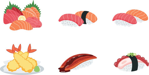 Assorted sushi and sashimi platter collection with fresh tuna salmon shrimp tempura unagi and octopus nigiri icons set © MDMUKTADIR