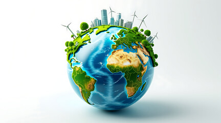 Fototapeta premium Green earth globe with sustainable city skyline, wind turbines and trees representing renewable energy and environmental conservation