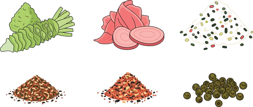 Japanese condiments and spices like wasabi, pickled ginger and furikake flat art