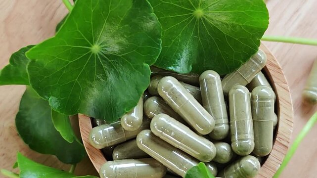 Herbal capsules contain powdered gotu kola and gotu kola leaves in a wooden bowl.