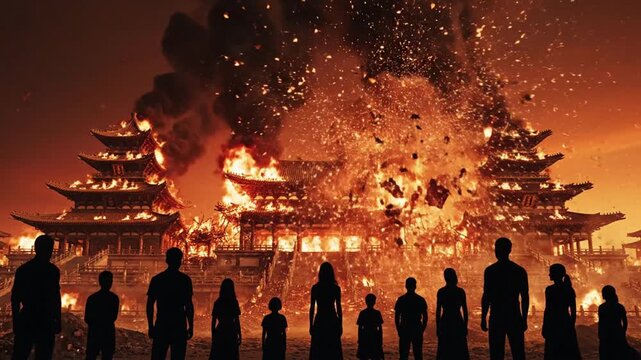 Silhouettes of People Watching a Fiery Explosion at a Traditional Asian Temple During Sunset