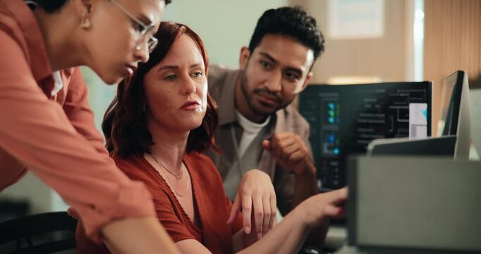 Business people, coach or computer with team for programming, coding or app discussion in office. Group, employee or mentor with technology or staff for cybersecurity or software development together