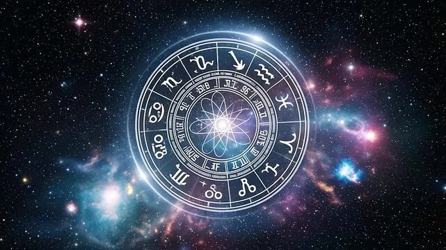 Detailed zodiac wheel with astrological symbols glowing in a mystical cosmic background with stars and nebulae.