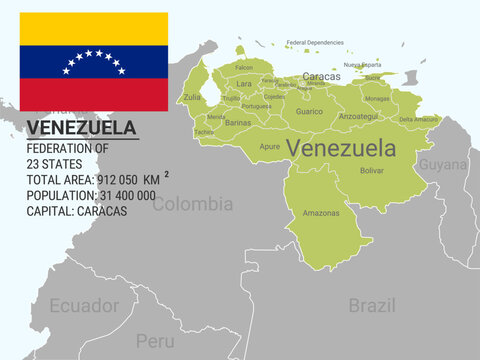 Venezuela. Political map divided into states. Vector illustration. Capital: Caracas. Official flag of Venezuela.