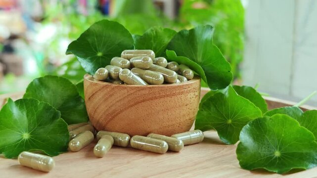 Herbal capsules contain powdered gotu kola and gotu kola leaves in a wooden bowl.A natural dietary supplement.