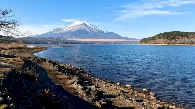 Lake Yamanaka or Yamanakako in Yamanashi Prefecture near Mount Fuji, Japan. Lake Yamanaka is the largest of the Fuji Five Lakes in clearly day and sky in Autumn Winter Season. Travel Nature Stable Foo