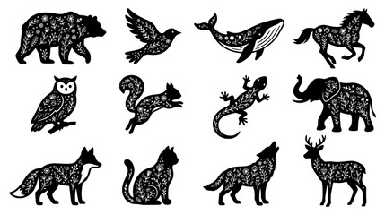 Obraz premium Black Animal Silhouettes with White Floral Botanical Pattern Fill in Folk Art Style