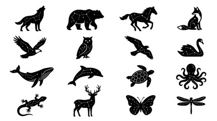 Minimalist Black Animal Silhouettes Featuring Celestial Star Constellation Patterns and Cosmic Symbols
