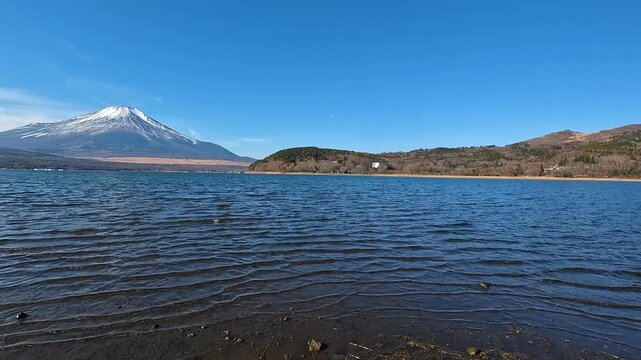 Lake Yamanaka or Yamanakako in Yamanashi Prefecture near Mount Fuji, Japan. Lake Yamanaka is the largest of the Fuji Five Lakes in clearly day and sky in Autumn Winter Season. Travel Nature Pan Left F