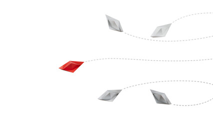 Leaderboat or different concept. Business investment to success. Red and white paper ship route line on blue background.Supports PNG files with transparent backgrounds. © feng