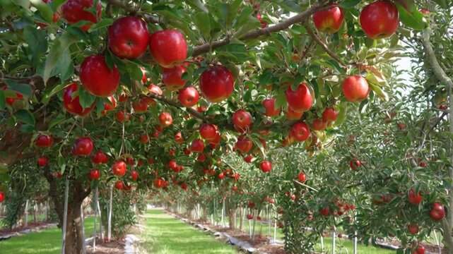 Abundant red apples hanging on branches ready for harvest in orchard