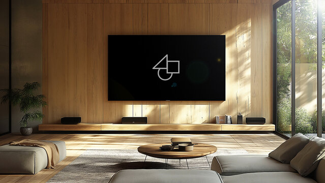 Home Wooden Interior TV Mockup 4 &ndash; Modern Living Room Television Screen Display, Cozy Wood Texture Design, Realistic Smart TV Branding Presentation Template