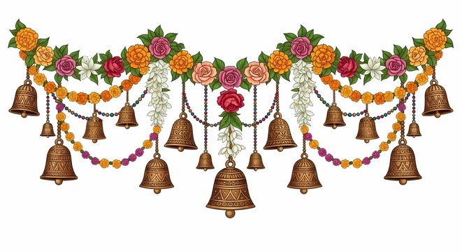 Festive floral garland with hanging brass bells in authentic Pichwai decorative style. Traditional Indian ceremonial ornament illustration.
