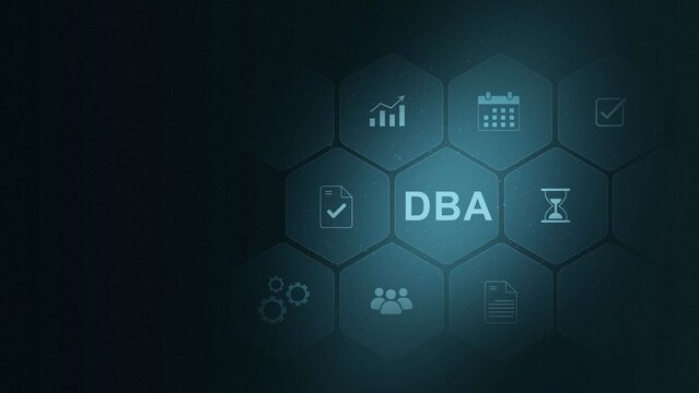 DBA acronym. Database administration concept. Business, modern technology, internet and social media icons. digital interface on cyan color background, and 3d illustration