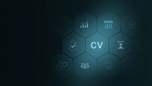CV Coefficient of Variation acronym. CV acronym Ratio of standard deviation to the mean, indicating relative variability. Modern technology. digital interface and 3d illustration