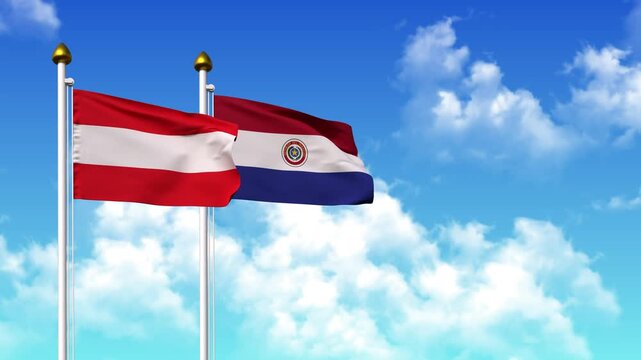 Waving flags of AUSTRIA and PARAGUAY on pole included with alpha