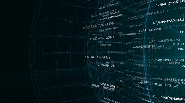 Modern business suite visualization showing complex artificial intelligence and ESG data network connections. Suitable for corporate transformation and technology strategy themes.