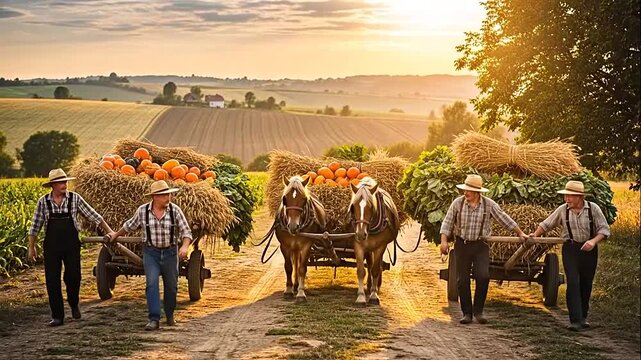 Two hardworking elderly male farmers walking with horse-drawn wooden carts loaded with hay and pumpkins through a rural field at golden sunset, depicting a traditional harvest scene.
