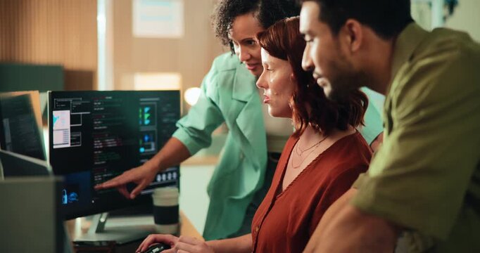 Programming, help and people in workplace, computer for web development or ideas for system update. Employees, man or women in office, pc or conversation for software engineering, feedback or support