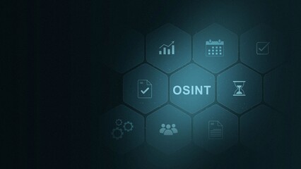 Fototapeta premium OSINT Open Source Intelligence Hexagonal Infographic with with gears Background OSINT data analysis. digital interface on cyan color background. and 3d illustration