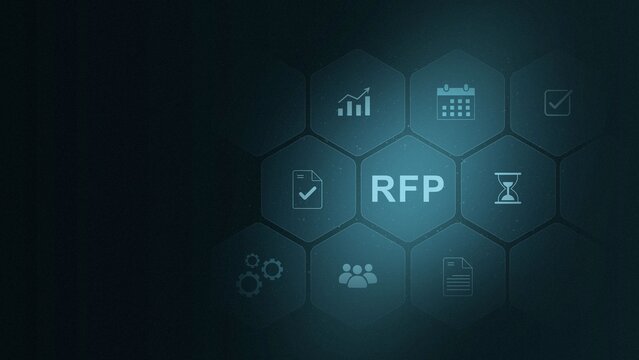 Request For Proposal RFP Business Strategy Concept with Icons .digital interface on cyan color background. and 3d illustration