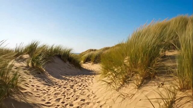 Expansive sand dunes covered with dry marram grass under a clear blue sky, evoking a serene coastal landscape.