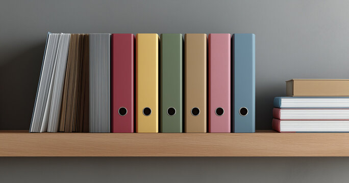 Colorful binders sit on a shelf, suggesting neat document storage in a modern workspace.