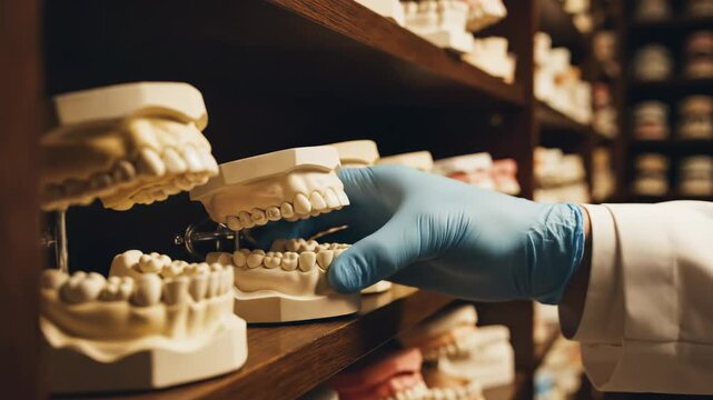In a tranquil dental laboratory filled with shelves of detailed dental models, a dedicated artisan in gloves carefully examines teeth molds, showcasing meticulous craftsmanship and expertise.