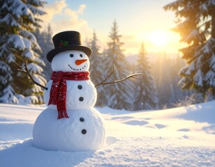 Obraz premium A snowman in a winter landscape with trees and sunset