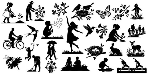 Obraz premium Set of spring and gardening silhouettes, people outdoor activities icons including gardening, family hiking, children playing, birds, flowers, and wildlife isolated