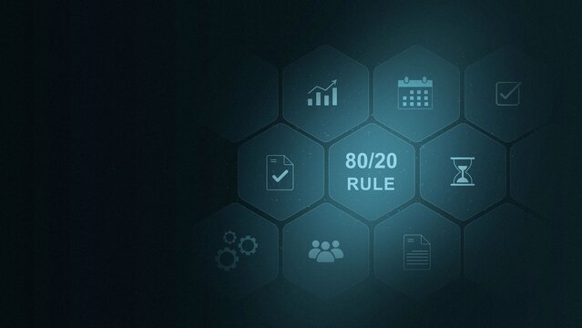 A 80 / 20 concept button on a futuristic .Business, Technology and network concept. Animated Dynamic wave of color particles. digital interface on cyan color background. and 3d illustration