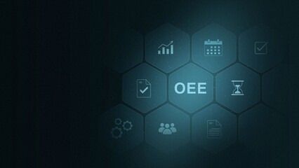 Fototapeta premium OEE acronym, overall equipment effectiveness concept, identifies the percentage of manufacturing time that is truly productive. digital interface on cyan color background. and 3d illustration