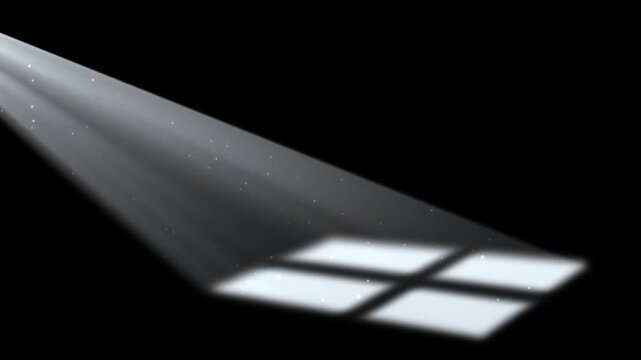 Clean white sunbeams and subtle dust particles in a dark industrial environment. Modern volumetric lighting for corporate, warehouse, or gallery backgrounds.