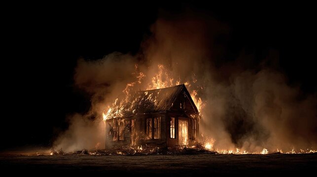 Intense Blaze Consumes Abandoned House at Night with Dark Smoke