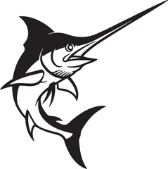 Fototapeta premium A black and white graphic illustration of a marlin fish with its mouth open and fins spread, depicted in a dynamic, aggressive pose.