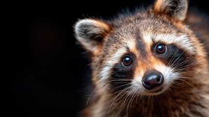 A captivating close-up of a curious raccoon displaying expressive eyes and intricate fur details on a black background, perfect for wildlife and nature-themed stock photography.