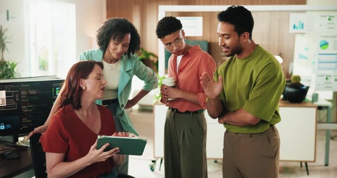 Business people, team and meeting with tablet for programming, coding or app discussion in office. Group, employees or conversation with technology for cybersecurity or software development together