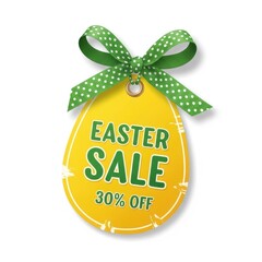 Obraz premium Colorful easter sale tag with green polka dot bow and 30% discount on yellow egg design